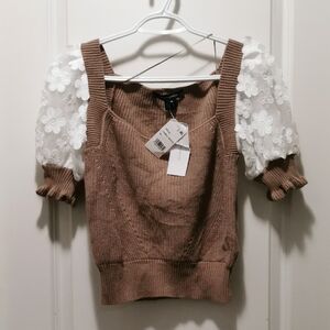French Connection Brown Knit Top. With flower lace sleeves .